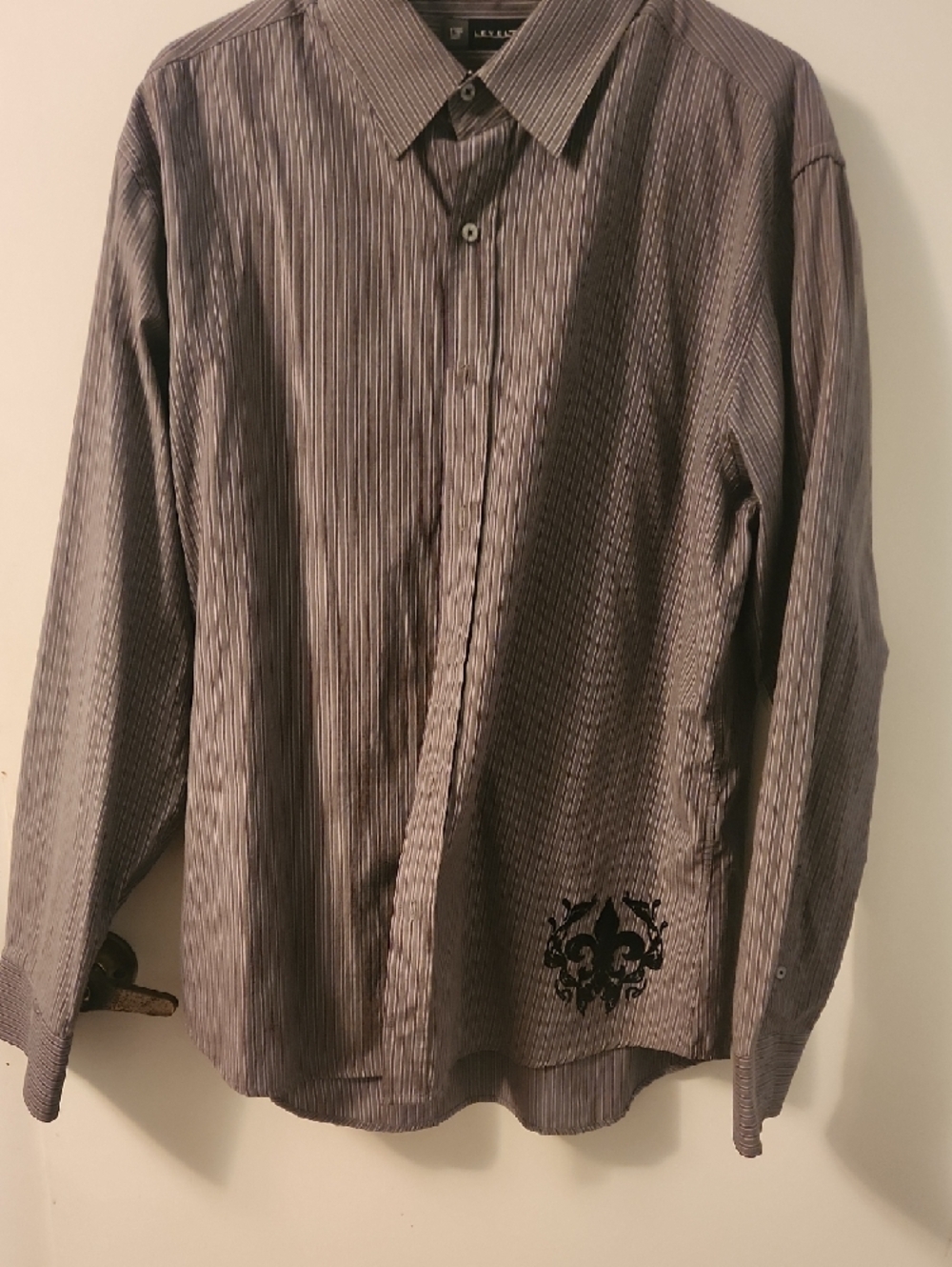 Men's Gray Striped Button-Down Shirt with Black Crest Graphic
